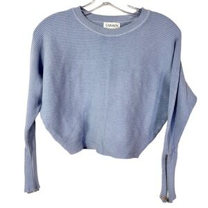 Carmen Marc Valvo Blue Crew Neck Ribbed Womens Sweater with Dolman Zipper Sleeve